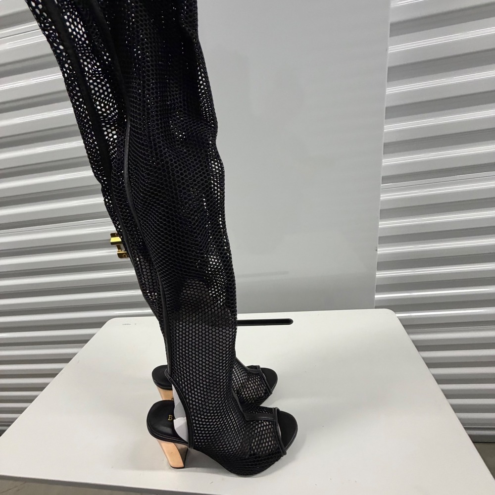 Bamboo Black Fishnet Mesh Thigh High Boots Rose Gold Block Heel Open Toe Size 8